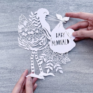 Custom Stork Papercut Nursery Art, Newborn Gift, Personalized Baby Shower Decor