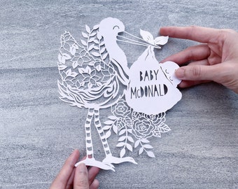 Custom Stork Papercut Nursery Art, Newborn Gift, Personalized Baby Shower Decor