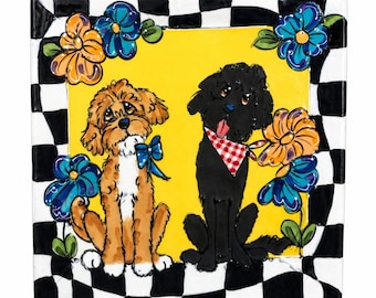Poodle art deco with flowers. Wall Art Tiles, Decorative Tile Art,  Pet Lover Gifts,