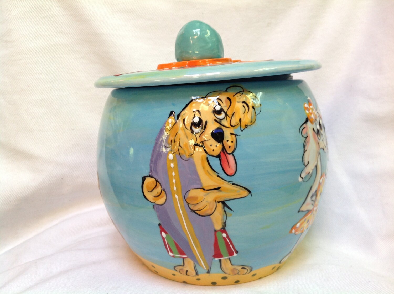 Hand Painted Ceramic Treat Jar / Cookie Jar / Whimsical dogs Etsy