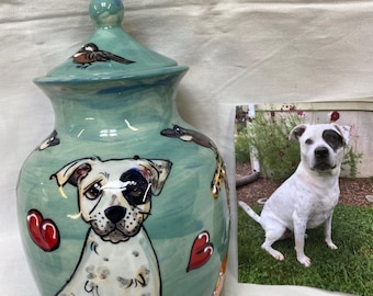 Pitbull Hand-Painted Custom Pet Portrait Ceramic Urn - Unique, One-of-a-Kind Memorial Keepsake