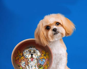 Shih Tzu Dog Bowl flower garden, Dog Mom Gift, by Faux Paw - custom of your dog with photo and our whimsical interpretation