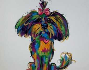 Pode incluir: Uma pintura colorida de um cão com um laço rosa na cabeça. O cão está sentado e olhando para o espectador. A pintura é feita em um estilo caprichoso com cores brilhantes e linhas ousadas.