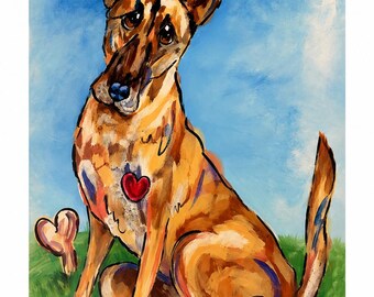 May include: A colorful painting of a dog with a red heart on its chest, sitting on green grass against a blue sky. The dog has brown and tan fur and a bone-shaped object is next to it.