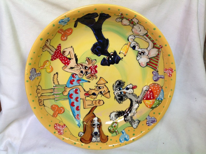 Debby Carman Pet Lover Gift Colorful Dog Platter Hand Painted Custom Ceramic Pasta Bowl Salad Serving Presentation Platter