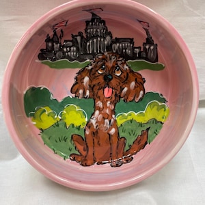 Mini Golden Doodle sitting in DC Uniquely Hand-Painted Ceramic Pottery Bowls, Food Safe, Custom Options, Customer Gifts, Pet Walker Gifts,