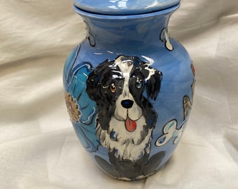 Pet Urn for Ashes, Custom Hand-painted urn for  Dog cremains, Border Collie memorial