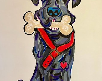 Schwarzer Labrador mit Knochen Gemälde 72x48/ Labrador Kunst/ Hunde Gemälde/ Gemälde für Haus Dekor