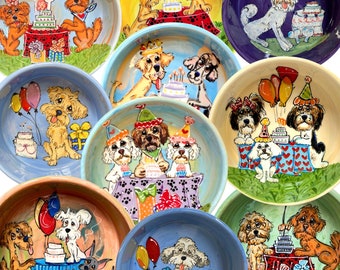 Personalized Pup Party Ceramic Bowl by Debby Carman - Hand-Painted, Customizable Pet Dish