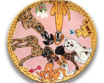 Debby Carman Pet Lover Gift Colorful Dog Platter Hand Painted Custom Ceramic Pasta Bowl Salad Serving Presentation Platter