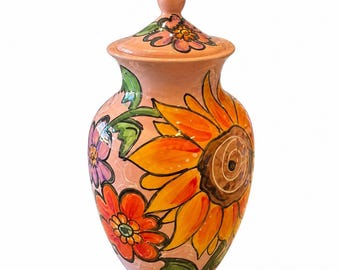Ceramic Burial PET URN sunflower, Large Pet Ashes 40-60lbs,Personalized Portrait, Urn for Pet Ash Cremains, Memorial Urn for Beloved Pet