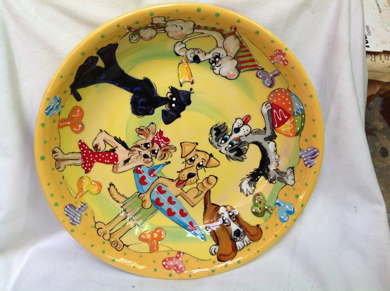 Debby Carman Pet Lover Gift Colorful Dog Platter Hand Painted Custom Ceramic Pasta Bowl Salad Serving Presentation Platter