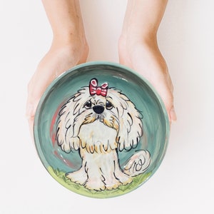 MaltiPoo Ceramic Dog Painted bow. Custom painted in the US by Debby Carman, perfect gift for the dog-lover in your life