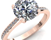 Cecily Round Forever One Hearts Arrows Moissanite Classic 4 V Prong High Diamond Shoulders 3 4 Eternity Solitaire Ring