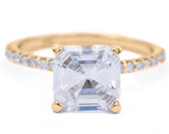 Asscher Moissanite 14k Yellow Gold 4 Prongs Diamond Accent Ice Solitaire Ring