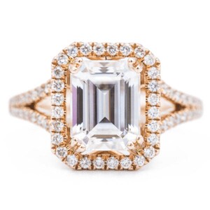 9x7mm Emerald Moissanite 14K Rose Gold Halo with Side Diamonds Ring 2.90 CTTW