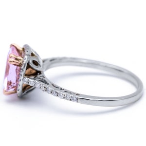 7mm Natural Cushion Morganite Center 14k Two-Tone White Gold and Rose Gold Antique Basket Double Prongs Diamond Halo & Shoulders 1.7 CTTW image 4