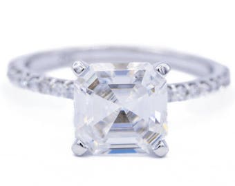 Asscher Moissanite Platinum 4 Prongs Diamond Accent Ice Solitaire Ring