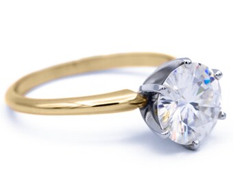 9mm Forever ONE Moissanite Round Two-tone 14K White Gold 6 Prongs and Yellow Gold Band Solitaire 3 Carats Ring by Charles & Colvard