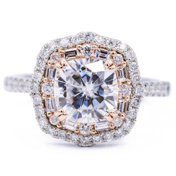 7.5mm Cushion Moissanite Two Toned 14k Whitegold/Rosegold Antique Halo Basket Ring 2.20 Carat Total Weight