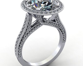 Forever One Oval Moissanite Micro Pave Diamond and Full Halo and Shoulders Milgrain Design Ring