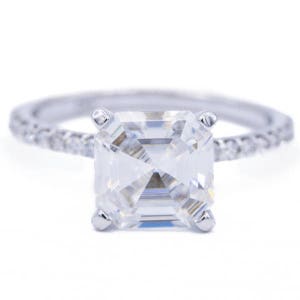 Asscher Moissanite 14k White Gold 4 Prongs Diamond Accent Ice Solitaire Ring