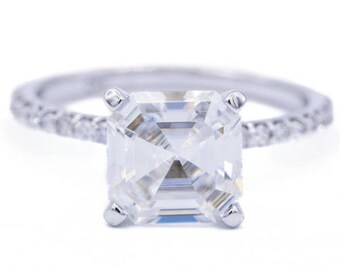 Asscher Moissanite 14k White Gold 4 Prongs Diamond Accent Ice Solitaire Ring