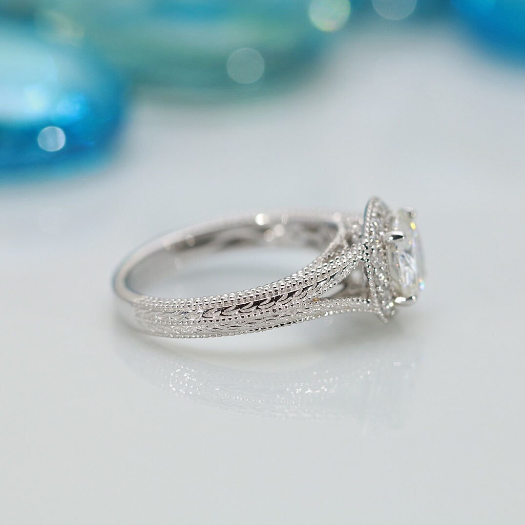 Charles & Colvard Round Forever One Moissanite 14K White Gold Milgrain ...
