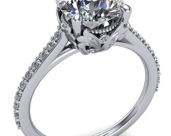 Amos Round Forever One Moissanite Filigree Basket Design and Diamond Cathedral Setting Ring