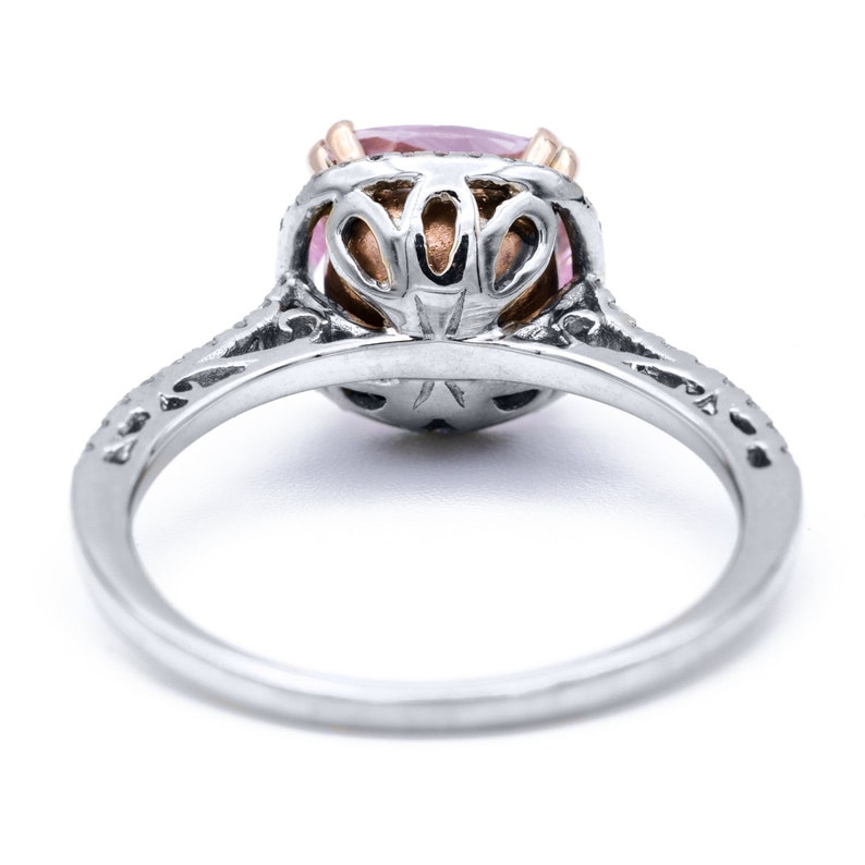 7mm Natural Cushion Morganite Center 14k Two-Tone White Gold and Rose Gold Antique Basket Double Prongs Diamond Halo & Shoulders 1.7 CTTW image 5