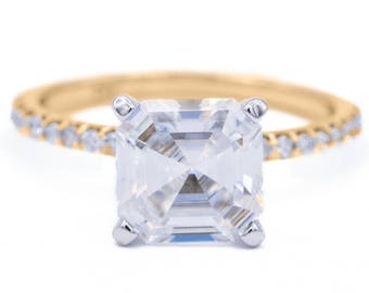 Asscher Moissanite Two Tone 14k Yellow Gold and White Gold 4 Prongs Diamond Accent Ice Solitaire Ring