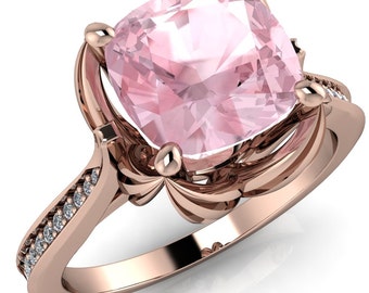 Portia 7mm Cushion Cut Morganite Center and Floral Basket Cathedral Diamond Shank 14k Rose Gold Ring