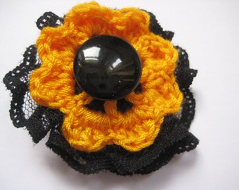Yellow and Black Crocheted Brooch (FREE postage in the UK)