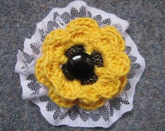 Black, White and Yellow Crocheted Brooch (FREE postage in the UK)