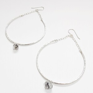 Hammered Crescent Earrings with Quartz Gemstone Drop in sterling Silver; Quartz and Sterling Silver Earrings