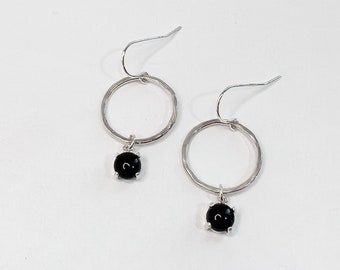 Hammered Sterling Silver Earrings with Onyx Gemstone Drop; Gemstone Drop Earrings