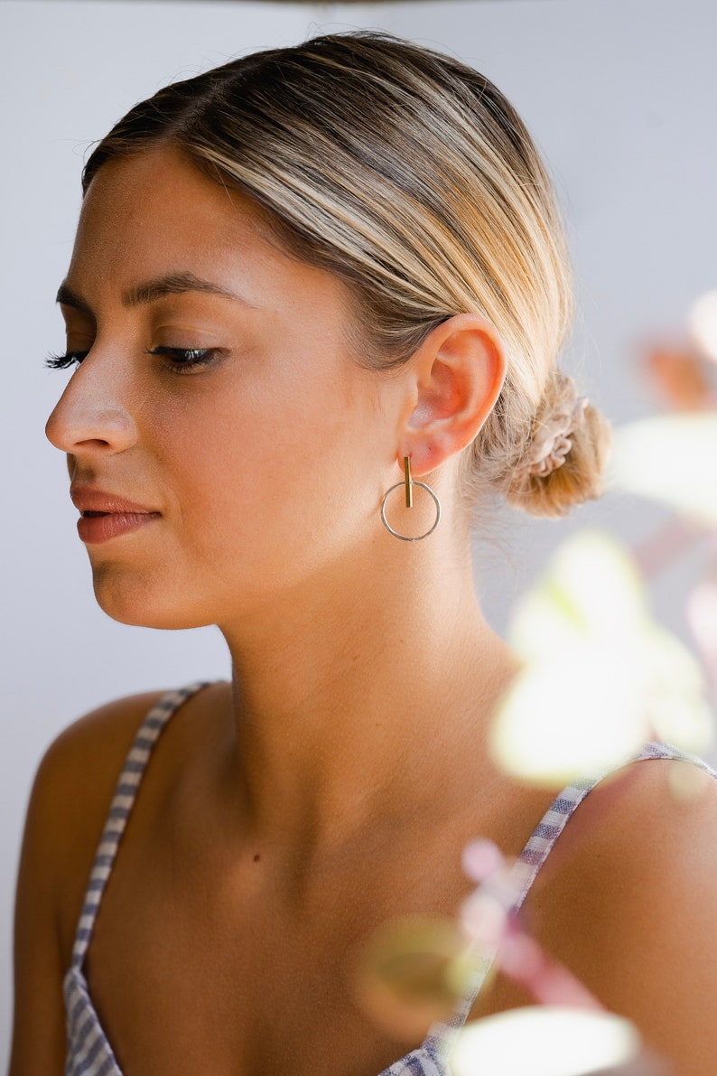 Mixed Metal Hoop and Bar Stud Earrings Sterling Silver Brass Mixed Metal Hoop Earrings Post Earrings Line Earrings Circle image 3