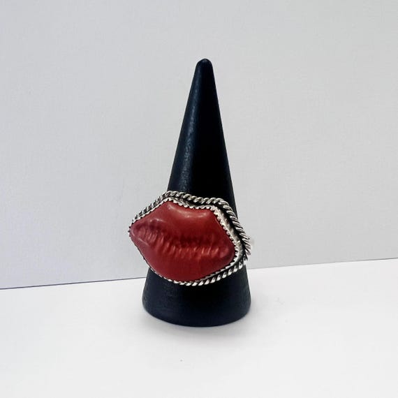 Red Jasper Lip Ring in Sterling Silver, SWAK Statement Ring (Size 9)