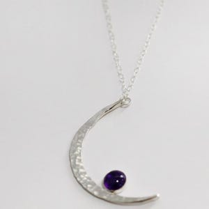 Hammered Sterling Silver Moon Necklace: Celestial Amethyst Gemstone