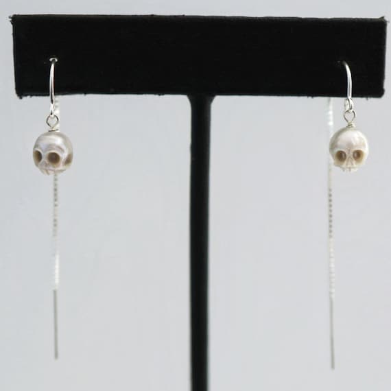 Sterling Silver Skull Pearl Threader Earrings: Dainty Goth Jewelry; Goth Gifts for her; Halloween Earrings
