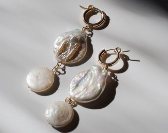 Double Pearl Drop Huggie Hoop Earrings; Pearl Hoop Earrings; Pearl Earrings; Huggie Hoop Earrings