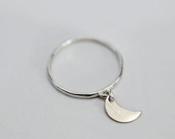 Sterling Silver Moon Charm Ring – Stacking Band