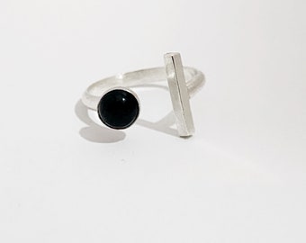 Sterling Silver Bar and Onyx Gemstone Stacking Ring; Silver Bar Ring; Gemstone Ring