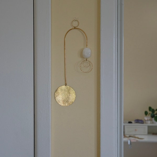 Wall Hanging; Circles in Motion Brass and Selenite; Geometric Wall Hanging; Geo Wall Art; Gemstone Wall Hanging; Housewarming Gift: wall art