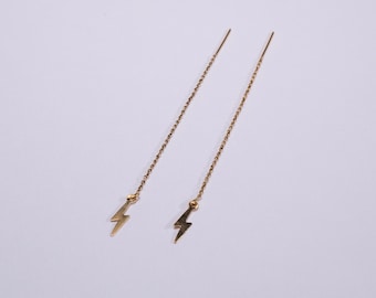 Lightning Bolt Threader Earrings in 14 Karat Gold, Gold Earring Threader, Lightning Bolt Earrings, Gold Earring Threader