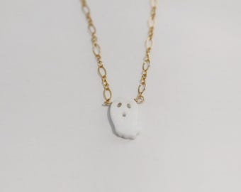 Opal Ghost Necklace, 14k Gold Filled or Sterling Silver, Spooky Season