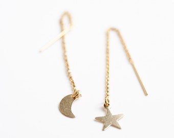 Moon and Star Celestial Threader Earrings; Moon and Star Earrings; Threader Earrings; Celestial Jewelry; Celestial Earrings; Celestial;