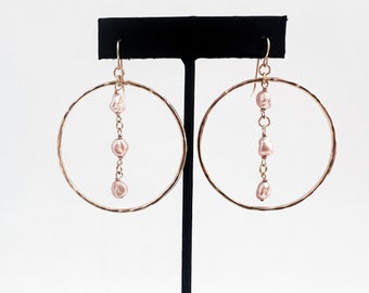 Gold Fill Pearl Drop Hammered Hoop Earrings; Pink Pearl Drop Earrings; hammered Hoop Earrings; Statement Earrings