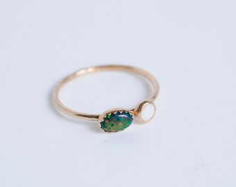 14K Yellow Gold Double Opal Stacking Ring: October Birthstone