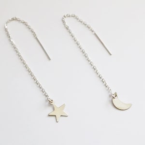 Sterling Silver Moon and Star Threader Earrings: Celestial Dangle Jewelry